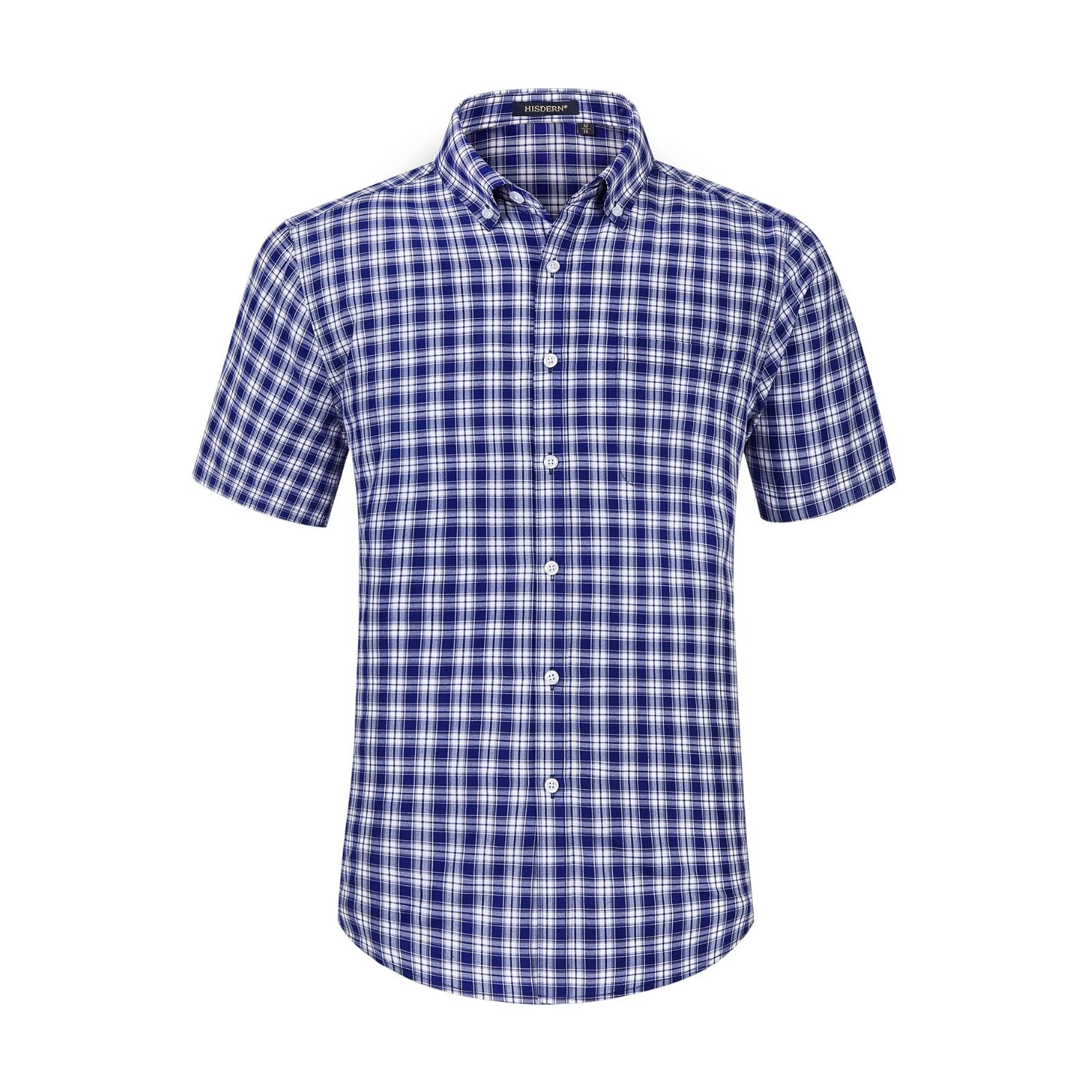 Hisdern Navy Blue White Plaid Shirts for Men Short Sleeve Regular Fit