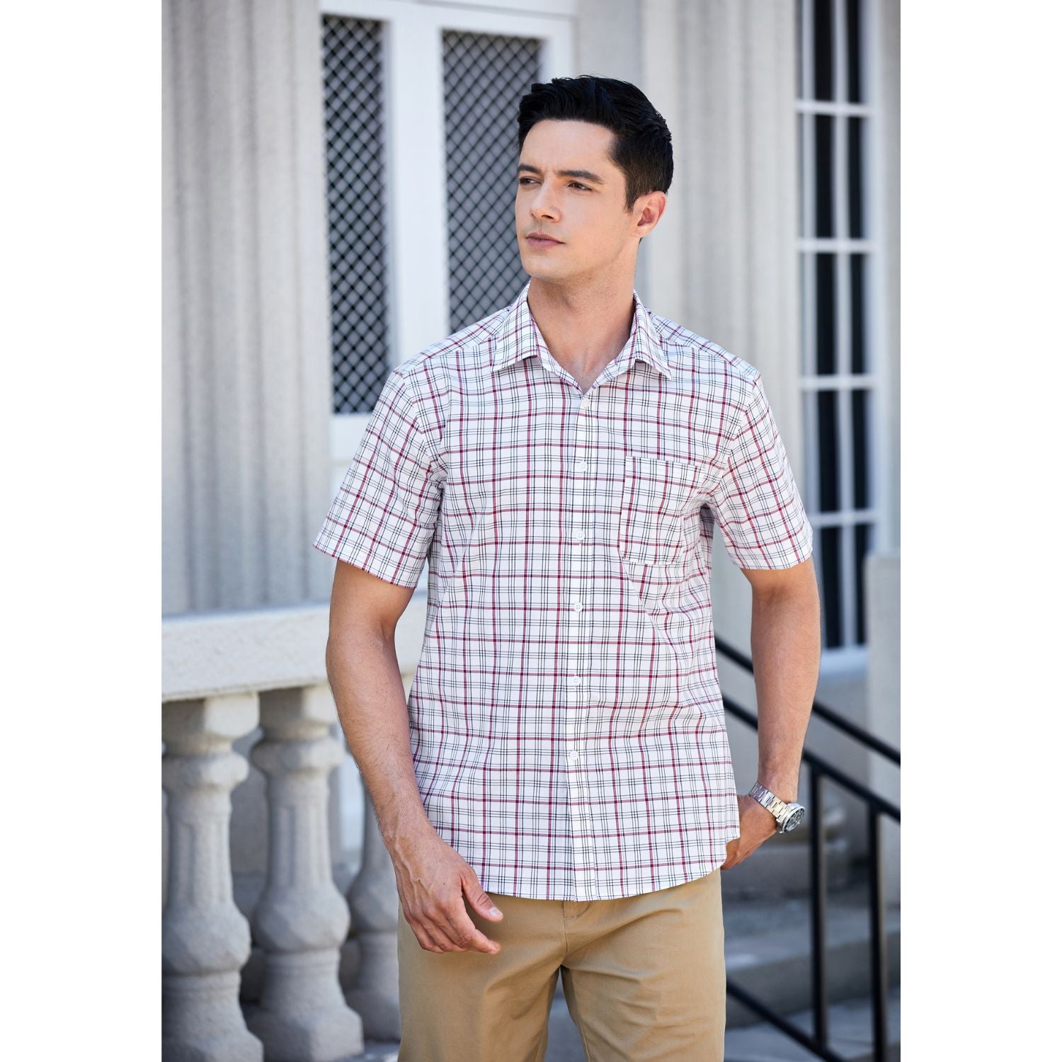 Hisdern White Plaid Shirts for Men Short Sleeve Regular Fit Shirts