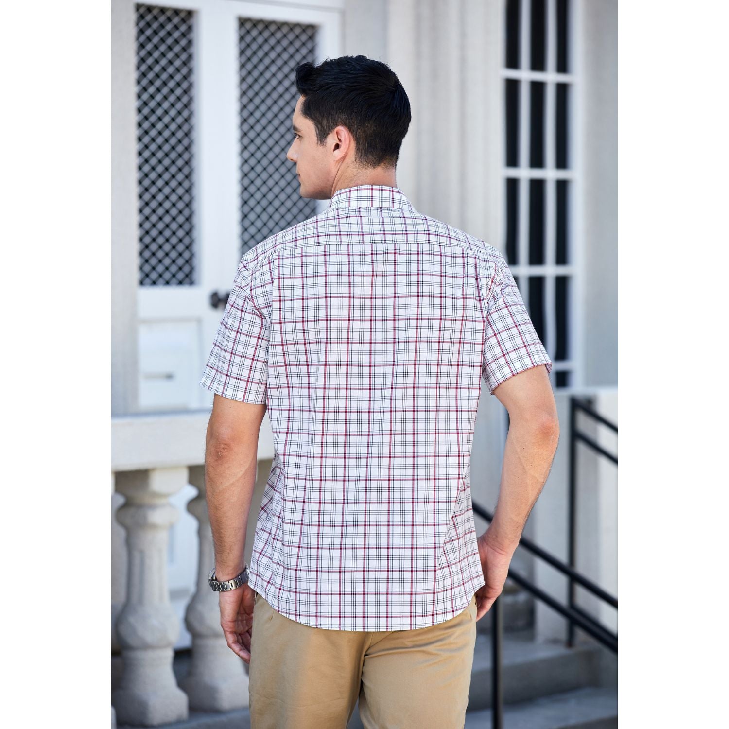 Hisdern White Plaid Shirts for Men Short Sleeve Regular Fit Shirts