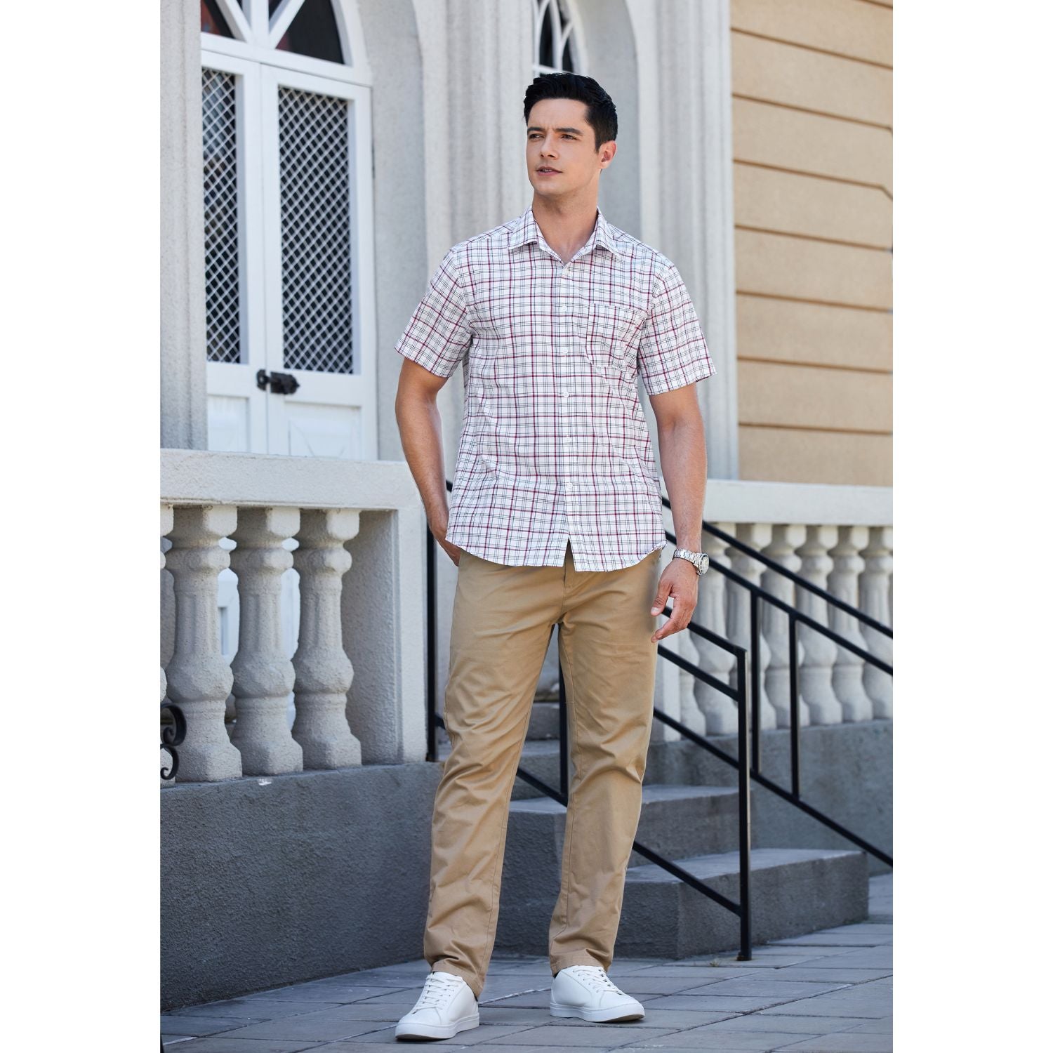 Hisdern White Plaid Shirts for Men Short Sleeve Regular Fit Shirts