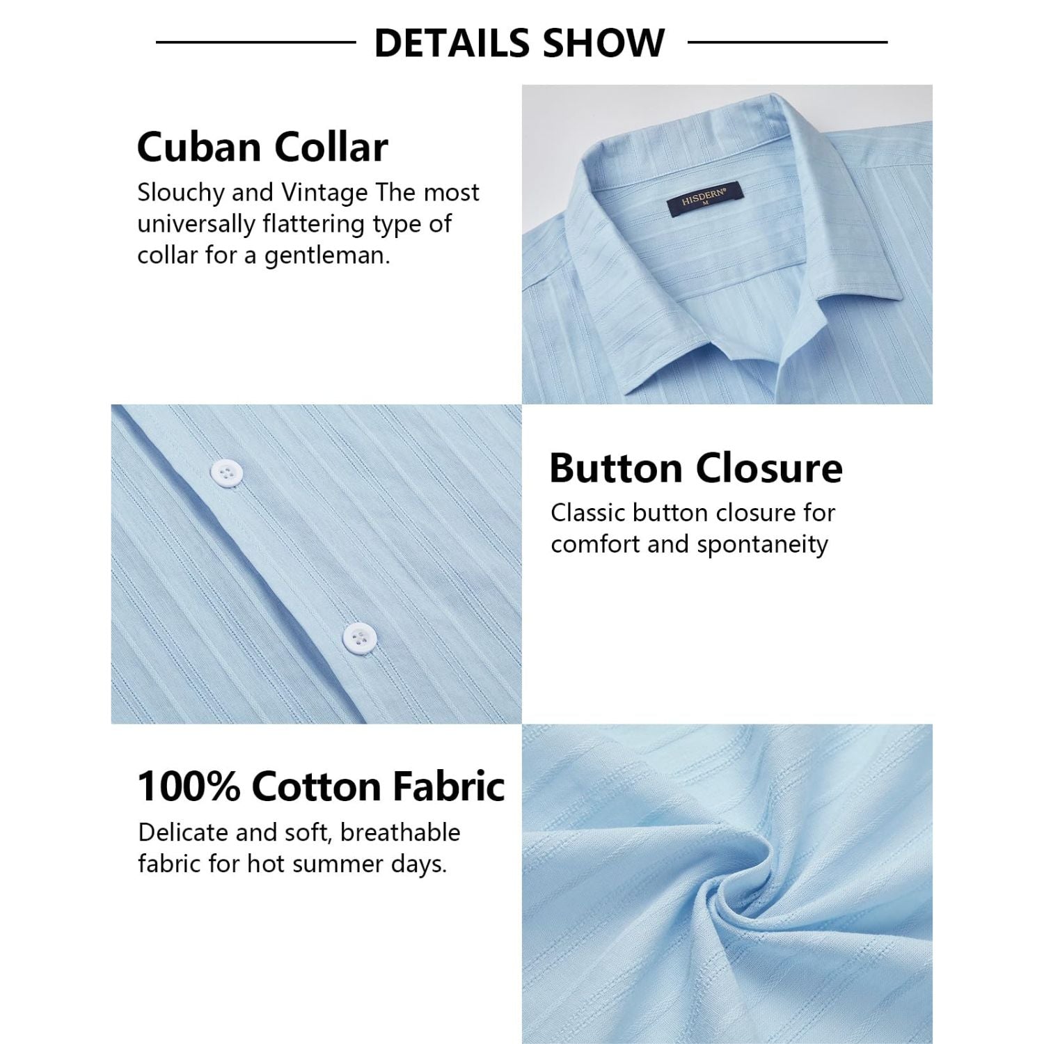 Hisdern Casual Short Sleeve Blue Cuban Collar Shirts for Men Summer