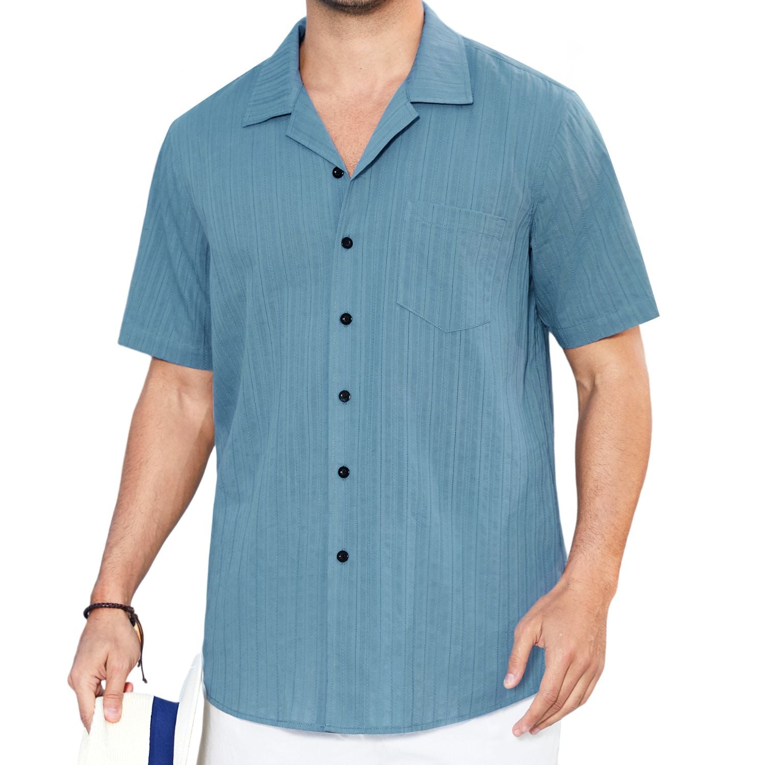 Hisdern Men's Denim Blue Short Sleeve Cuban Collar Shirt Casual Summer Resort Wear