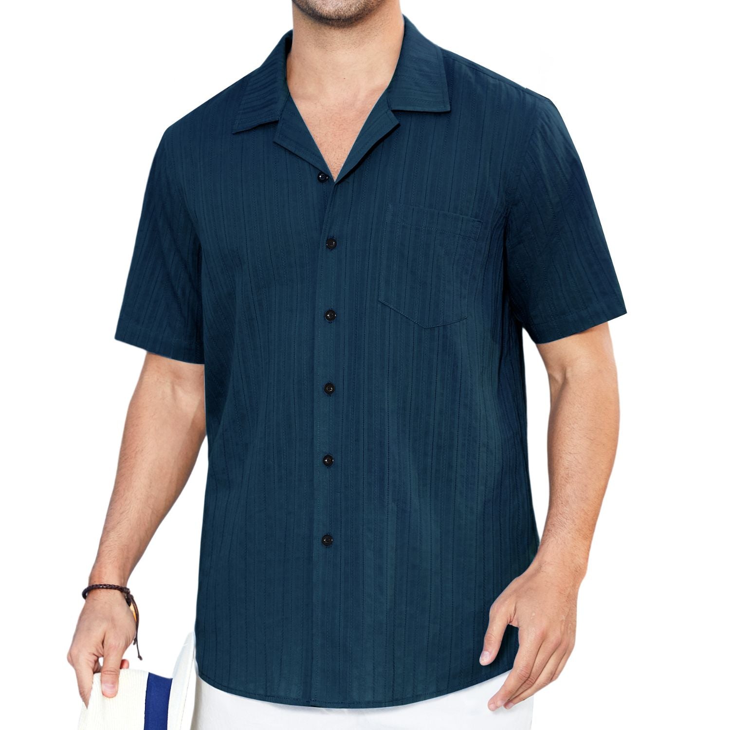 Hisdern Casual Short Sleeve Navy Blue Cuban Collar Shirts for Men Summ