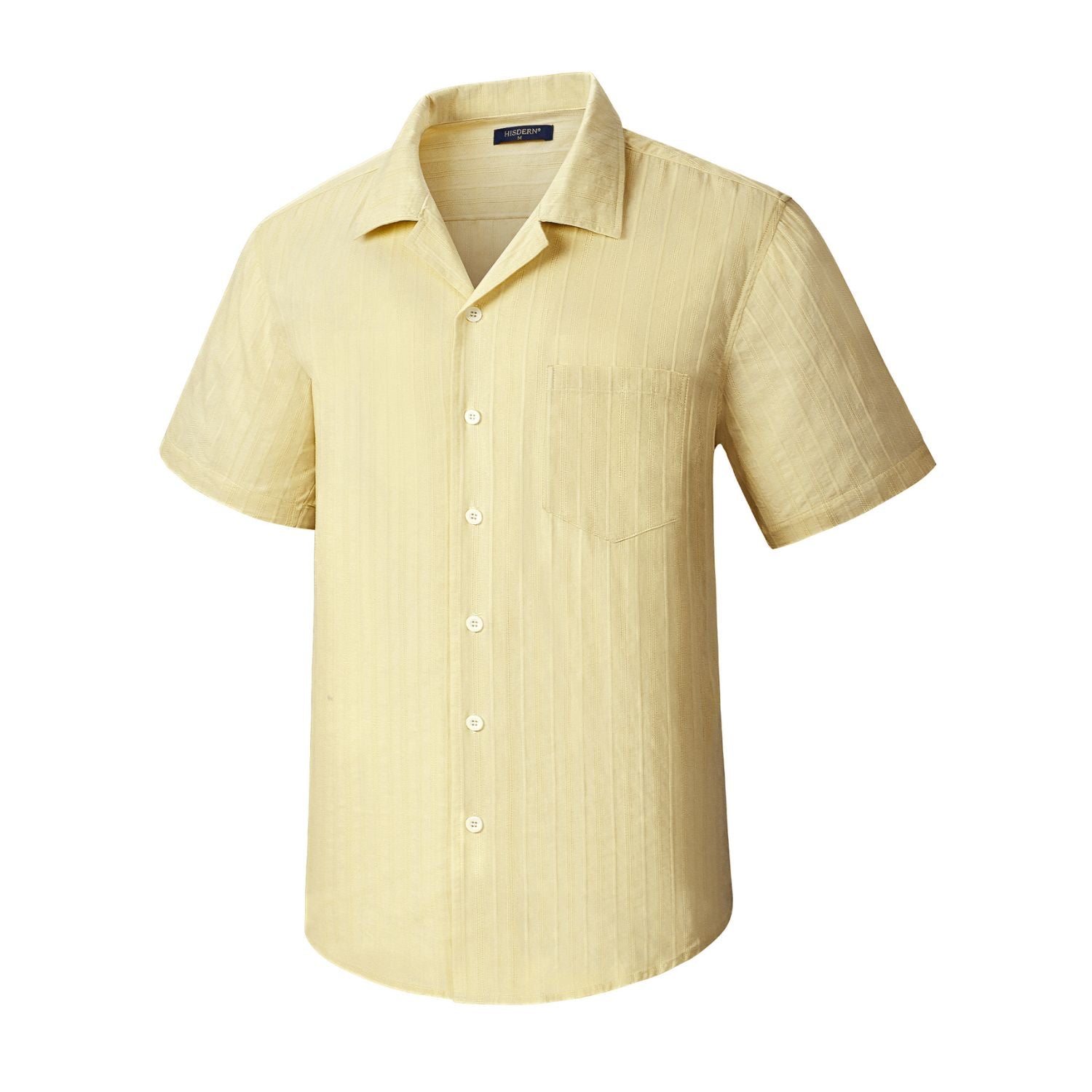 Hisdern Men's Short Sleeve Cuban Collar Shirt - Yellow Casual Hisdern Men's Short Sleeve Cuban Collar Shirt - Yellow Casual