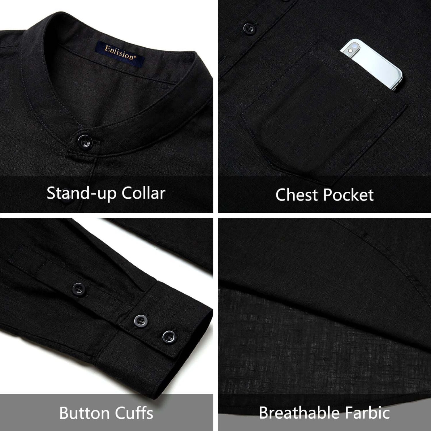 Hisdern Men's Black Henley Long Sleeve Shirt Casual Button-Up Style