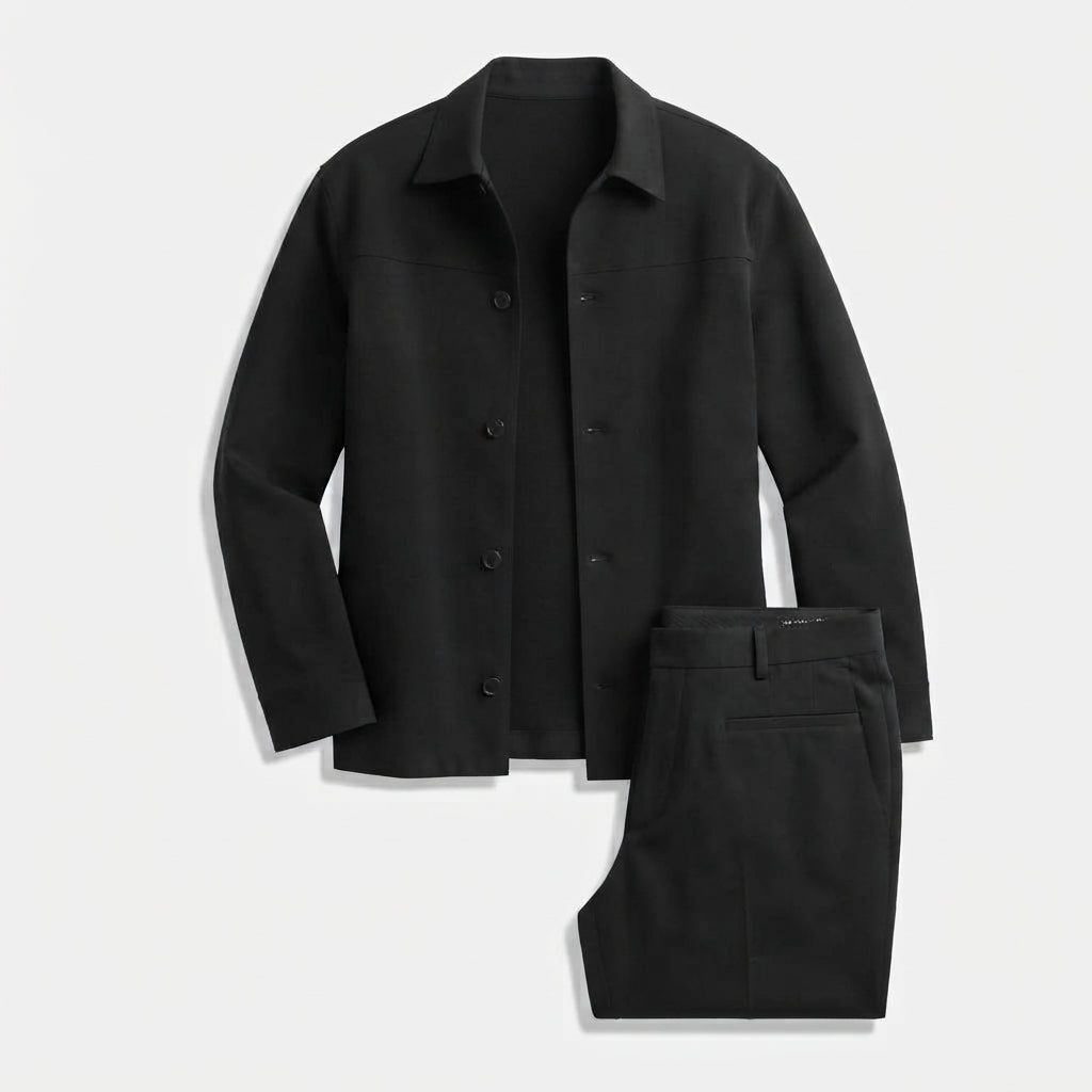Hisdern Men's Black Button Down Shirt Jacket and Black Wide-Leg Dress Pants Matching Set