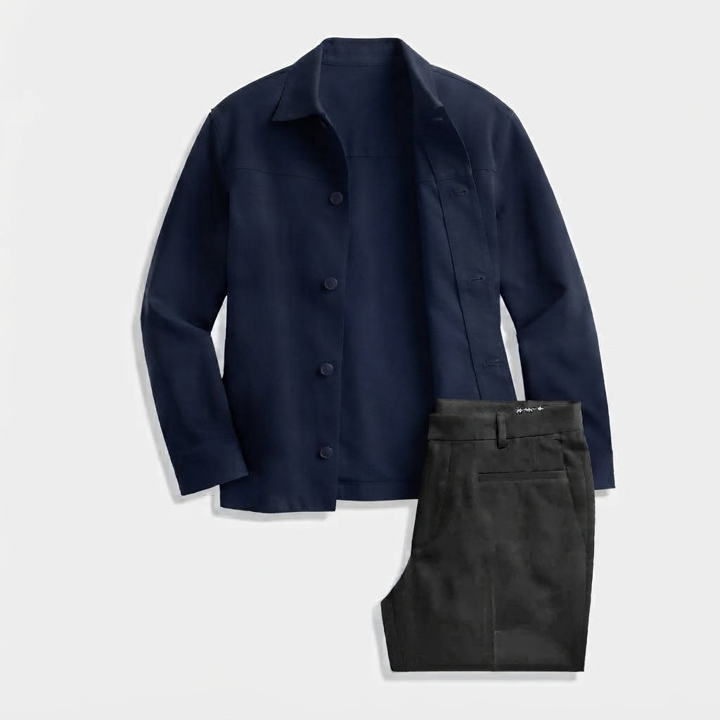 Hisdern Men's Navy Button Down Shirt Jacket and Black Wide-Leg Dress Pants Matching Set