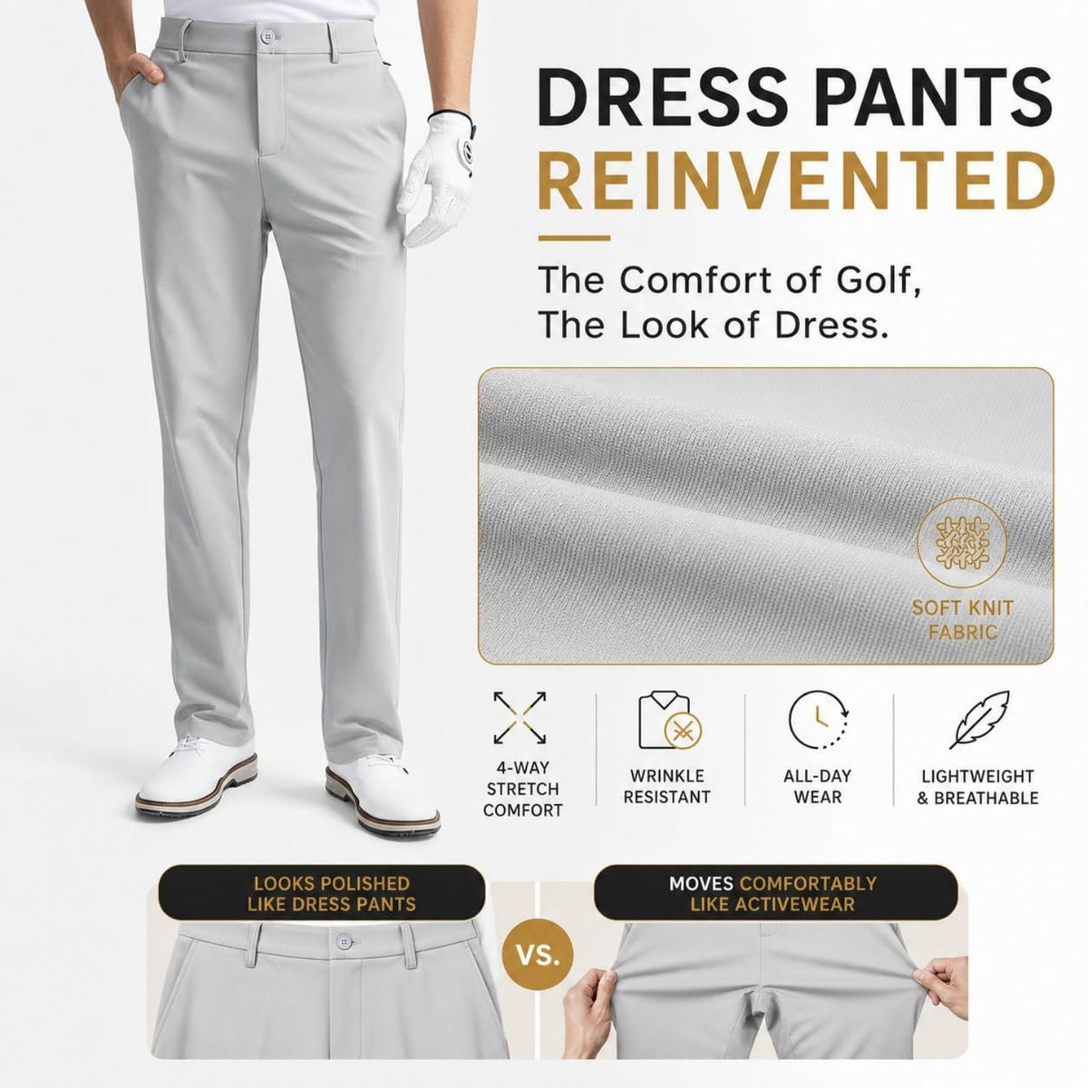 Hisdern Flex 501 Men's Golf Pants Silver Gray Classic Fit Stretch for Golf Business