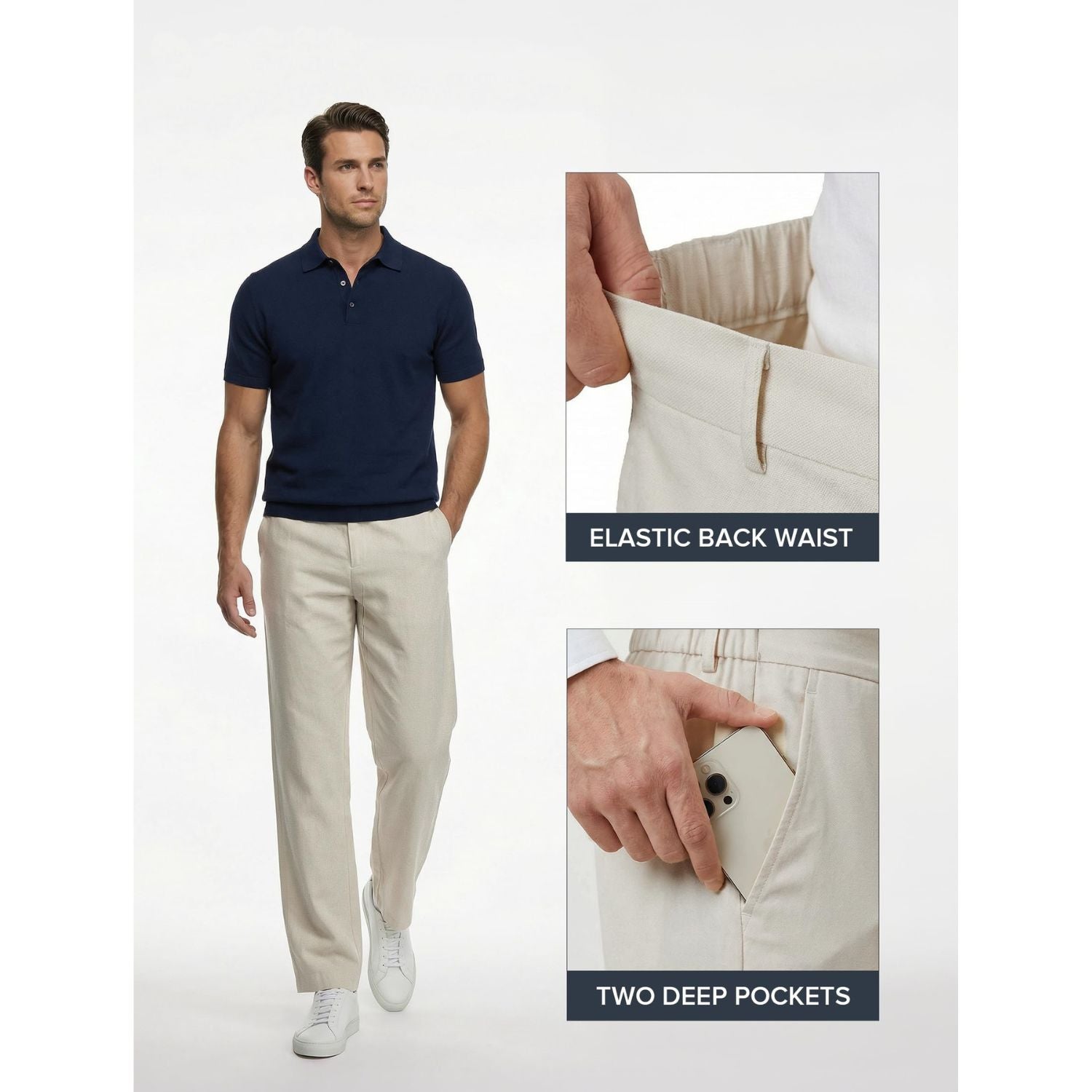 Hisdern Men's Breathable Beige Linen Trousers Lightweight Summer Casual Pants