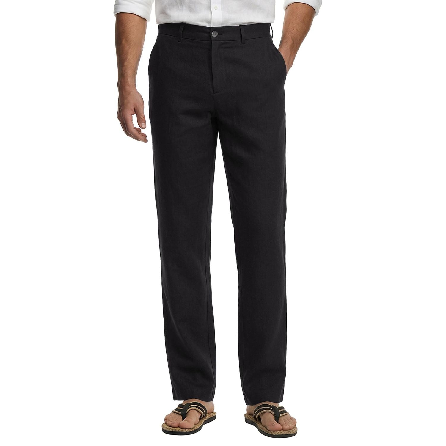 Hisdern Men's Breathable Black Linen Trousers Lightweight Summer Casual Pants XL
