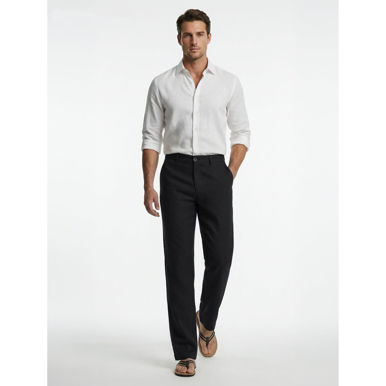Hisdern Men's Breathable Black Linen Trousers Lightweight Summer Casual Pants