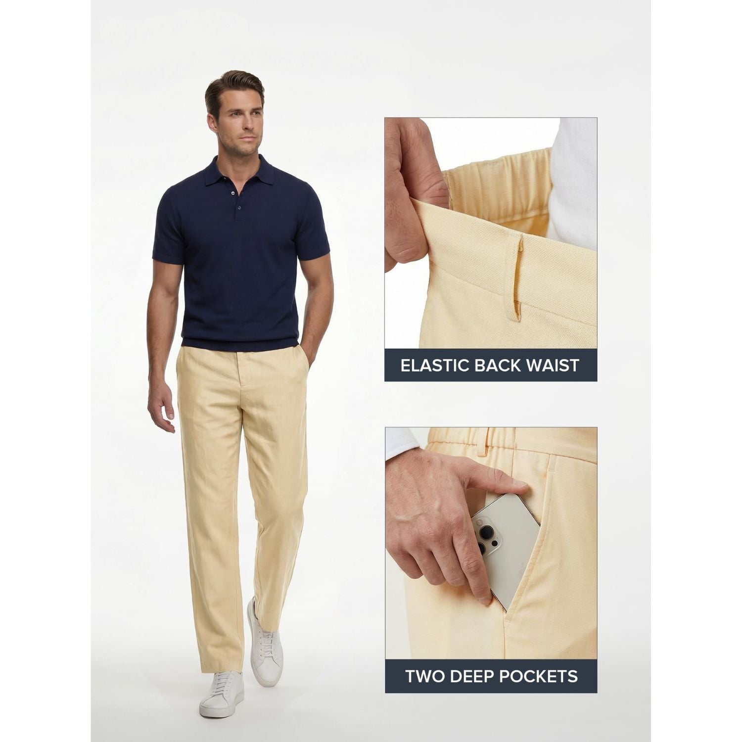 Hisdern Men's Breathable Khaki Linen Trousers Lightweight Summer Casual Pants