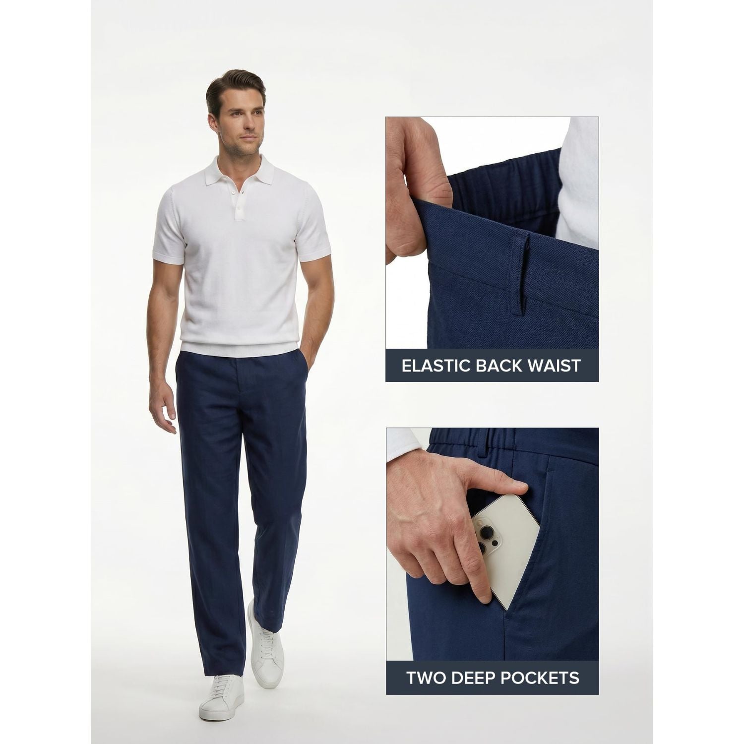 Hisdern Men's Breathable Navy Blue Linen Trousers Lightweight Summer Casual Pants