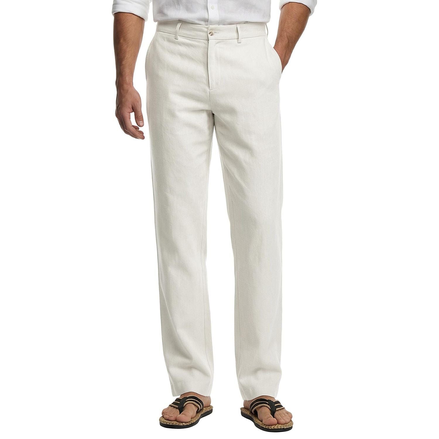 Hisdern Men's Breathable White Linen Trousers Lightweight Summer Casual Pants