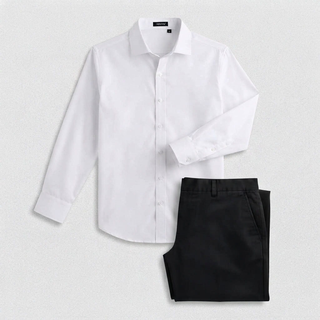 Hisdern Men's White Dress Shirt & Black Wide-Leg Pants Set