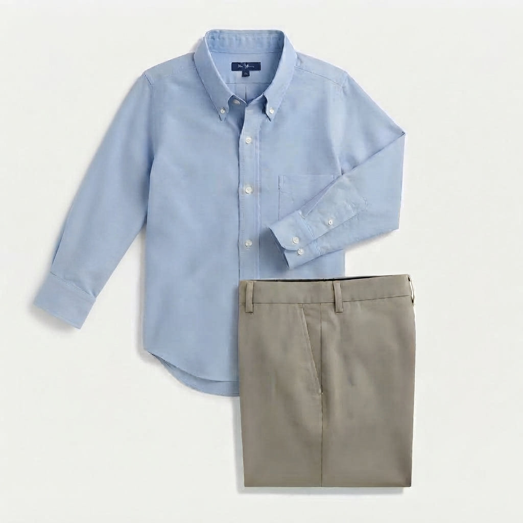 Men's Blue Oxford Shirt & Olive Green Wide-Leg Pants Set