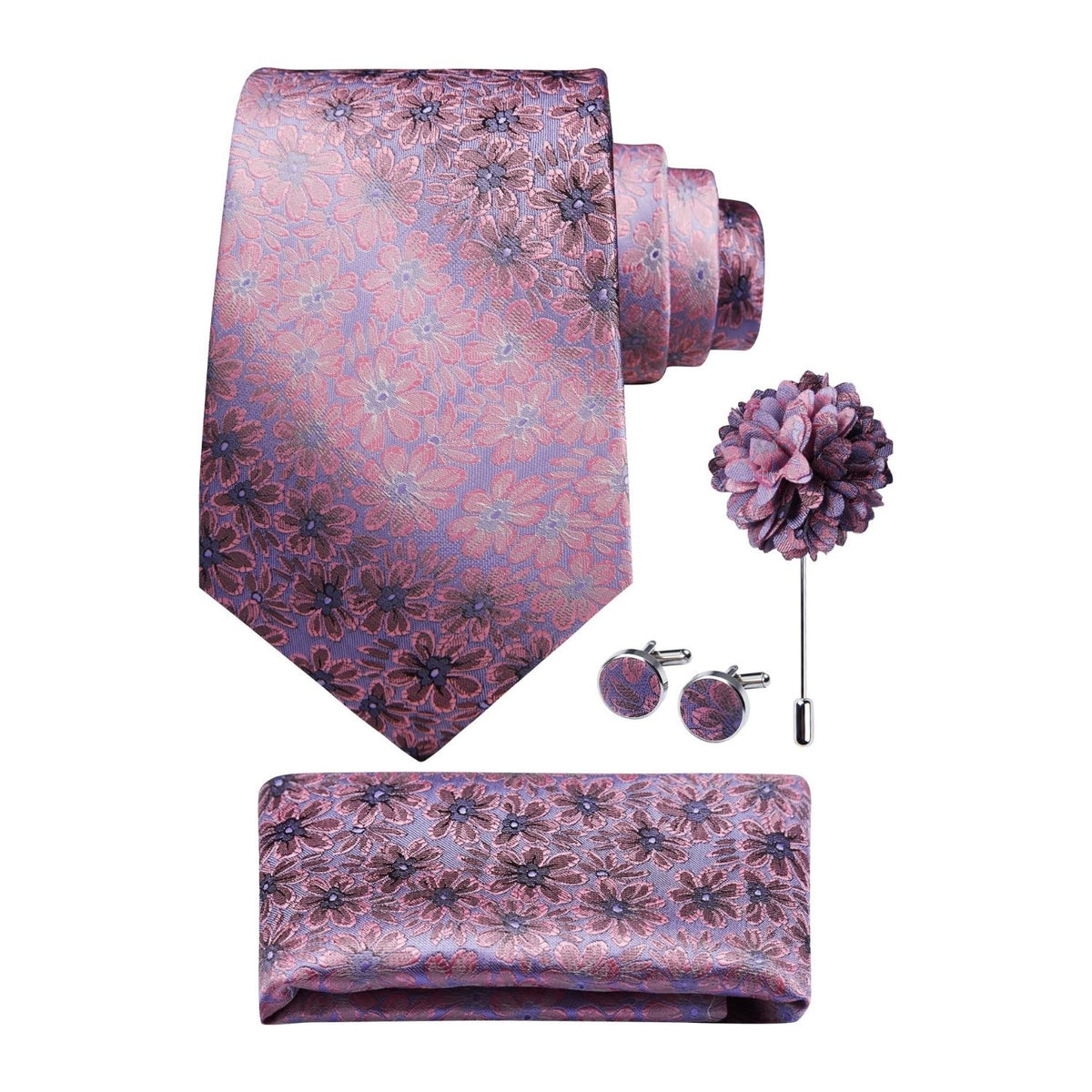 Hisdern Men's Floral 4-Piece Tie Set in Mauve & Pink for Weddings & Formal Wear