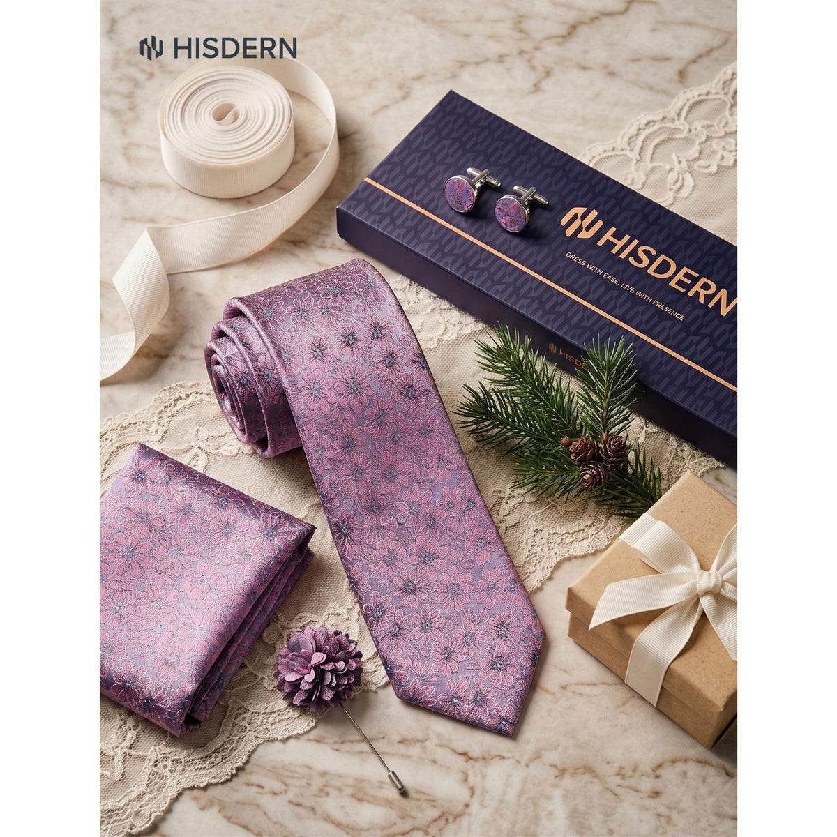 Hisdern Men's Floral 4-Piece Tie Set in Mauve & Pink for Weddings & Formal Wear