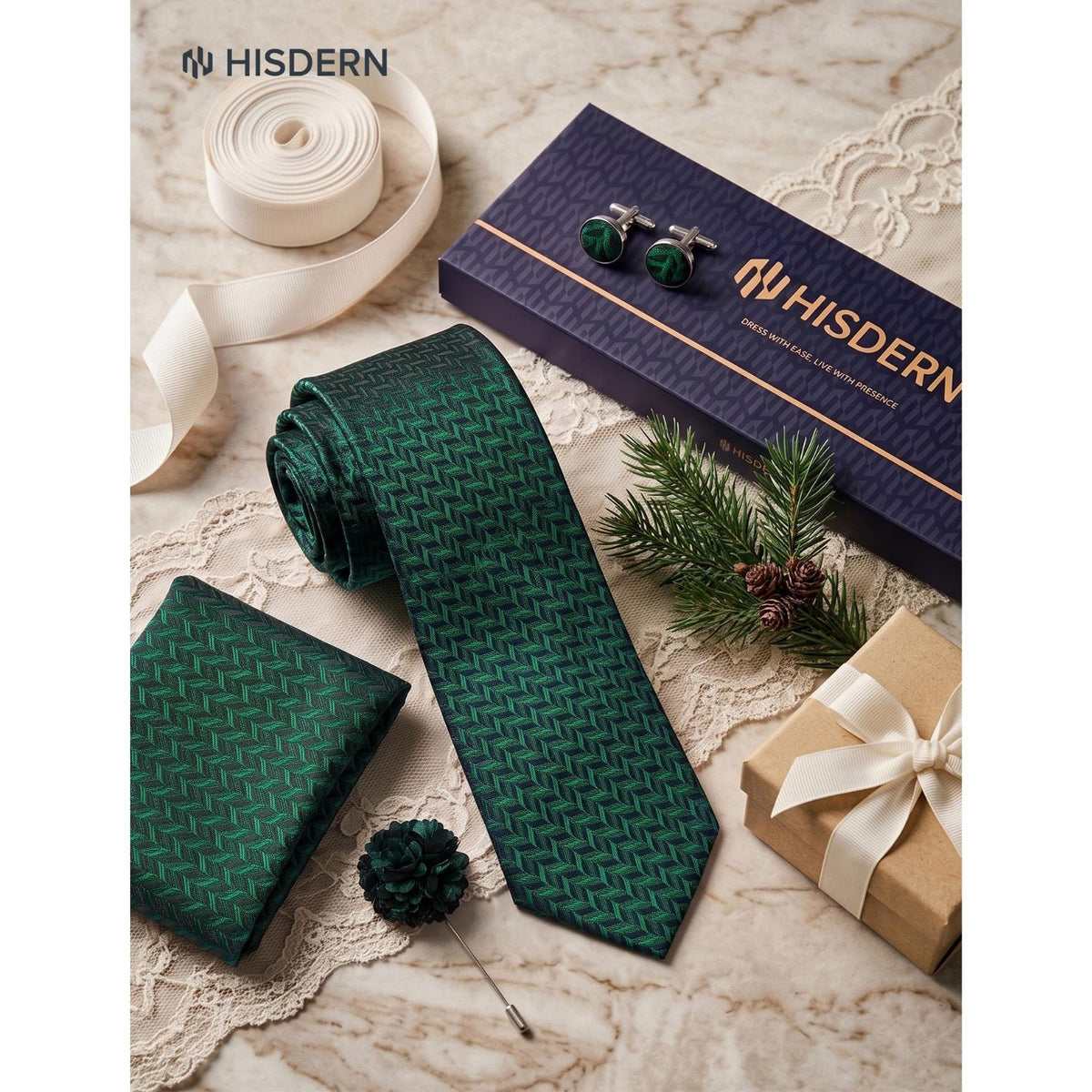 Hisdern Men's Houndstooth 4-Piece Tie Set in Dark Green for Weddings & Formal Wear