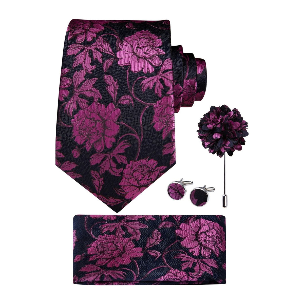 Hisdern Men's Floral 4-Piece Tie Set in Purple & Black for Weddings & Formal Wear