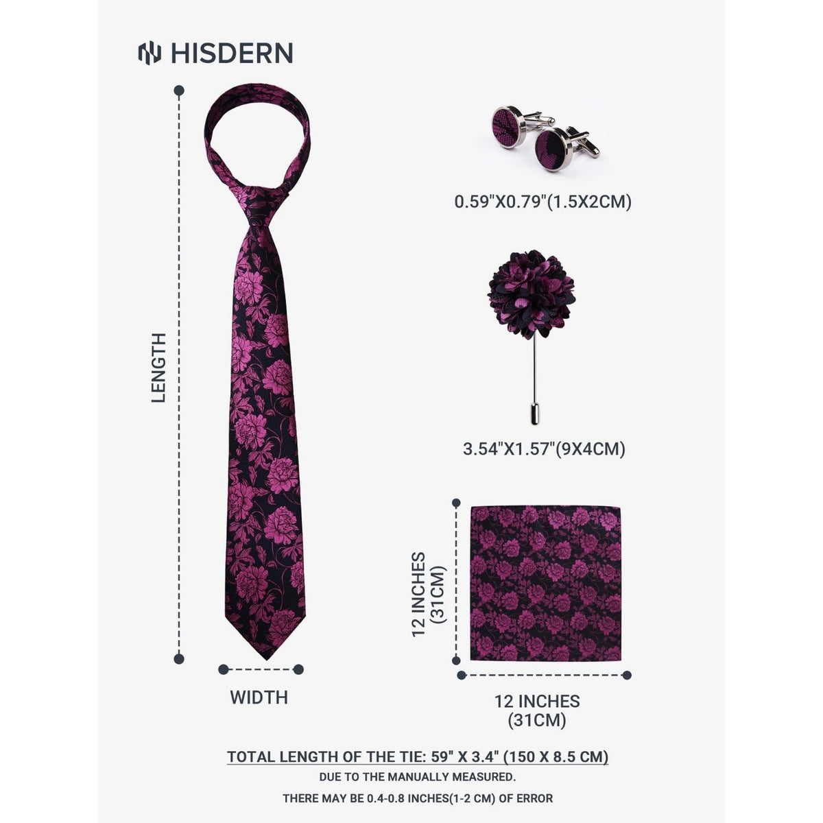 Hisdern Men's Floral 4-Piece Tie Set in Purple & Black for Weddings & Formal Wear