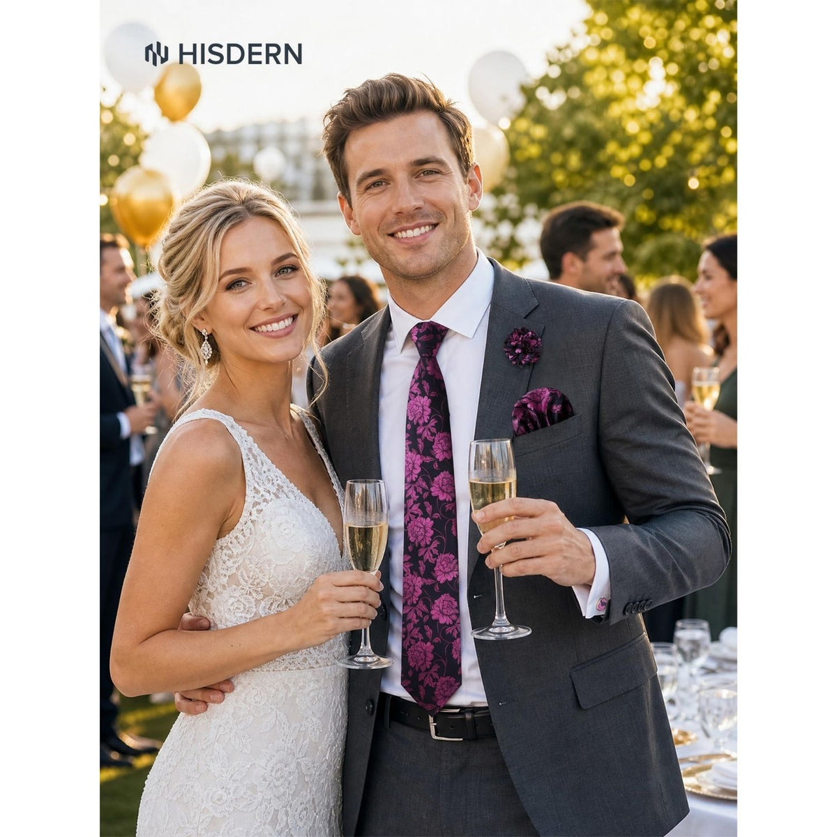 Hisdern Men's Floral 4-Piece Tie Set in Purple & Black for Weddings & Formal Wear