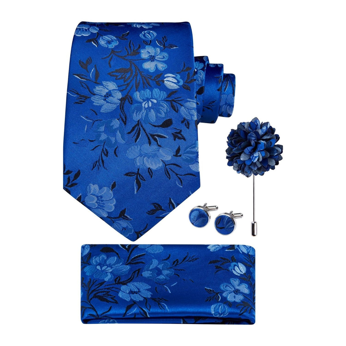 Hisdern Men's Floral 4-Piece Tie Set in Royal Blue for Weddings & Formal Wear