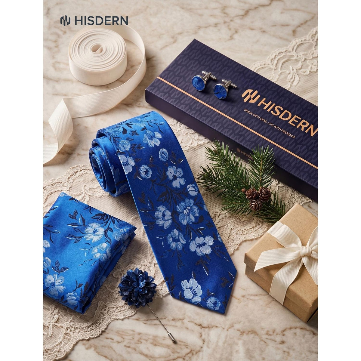 Hisdern Men's Floral 4-Piece Tie Set in Royal Blue for Weddings & Formal Wear