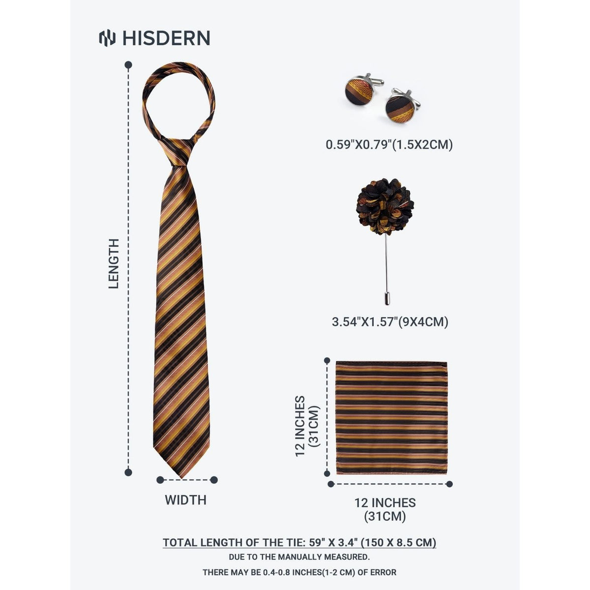 Hisdern Men's Striped 4-Piece Tie Set in Brown Burnt Orange for Weddings & Formal Wear