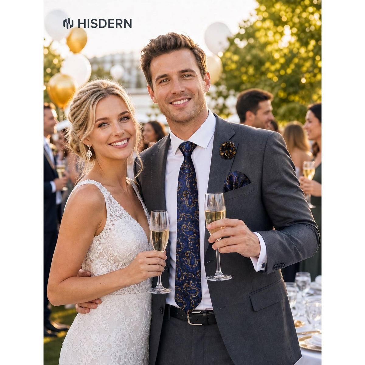 Hisdern Men's Floral 4-Piece Tie Set in Royal Blue & Gold for Weddings & Formal Wear