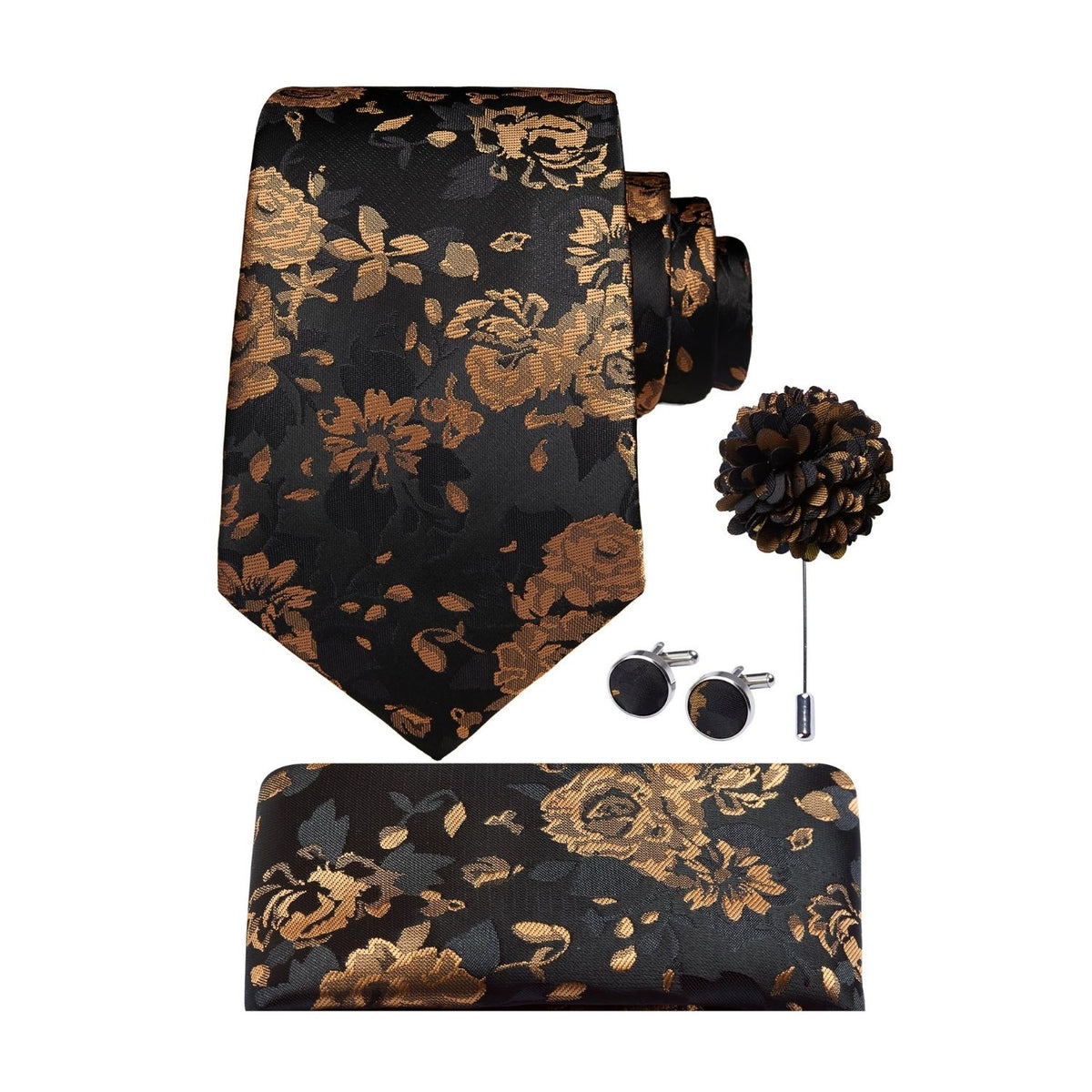 Hisdern Men's Floral 4-Piece Tie Set in Orange Gold Black for Weddings & Formal Wear
