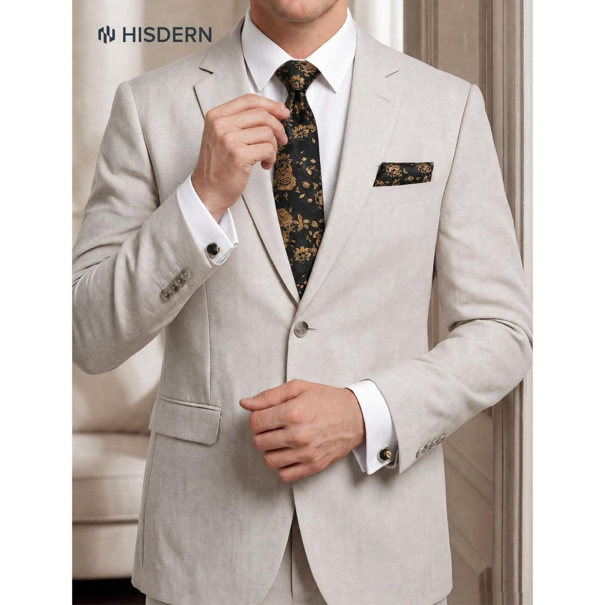Hisdern Men's Floral 4-Piece Tie Set in Orange Gold Black for Weddings & Formal Wear