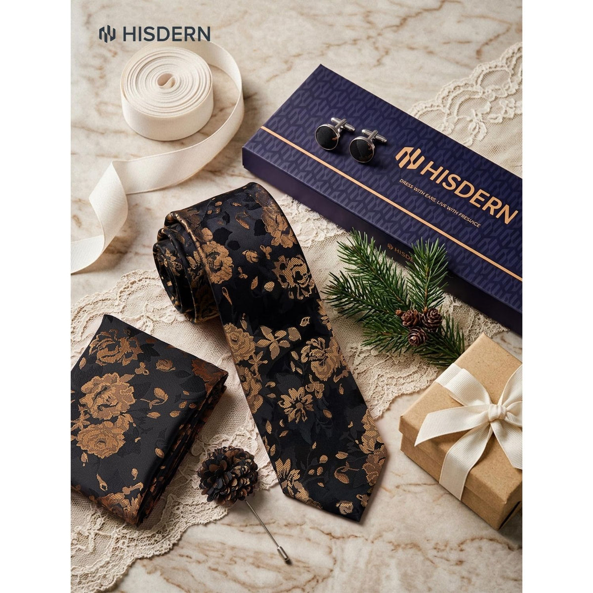 Hisdern Men's Floral 4-Piece Tie Set in Orange Gold Black for Weddings & Formal Wear