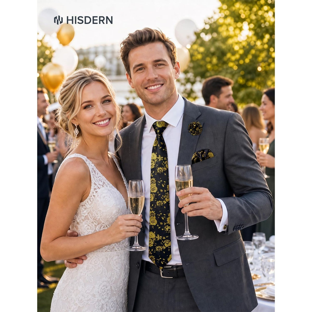 Hisdern Men's Floral 4-Piece Tie Set in Yellow Black for Weddings & Formal Wear