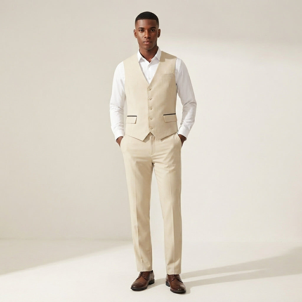 Hisdern Men's Light Khaki Vest and Stretch Dress Pants Set Formal Wear for Wedding