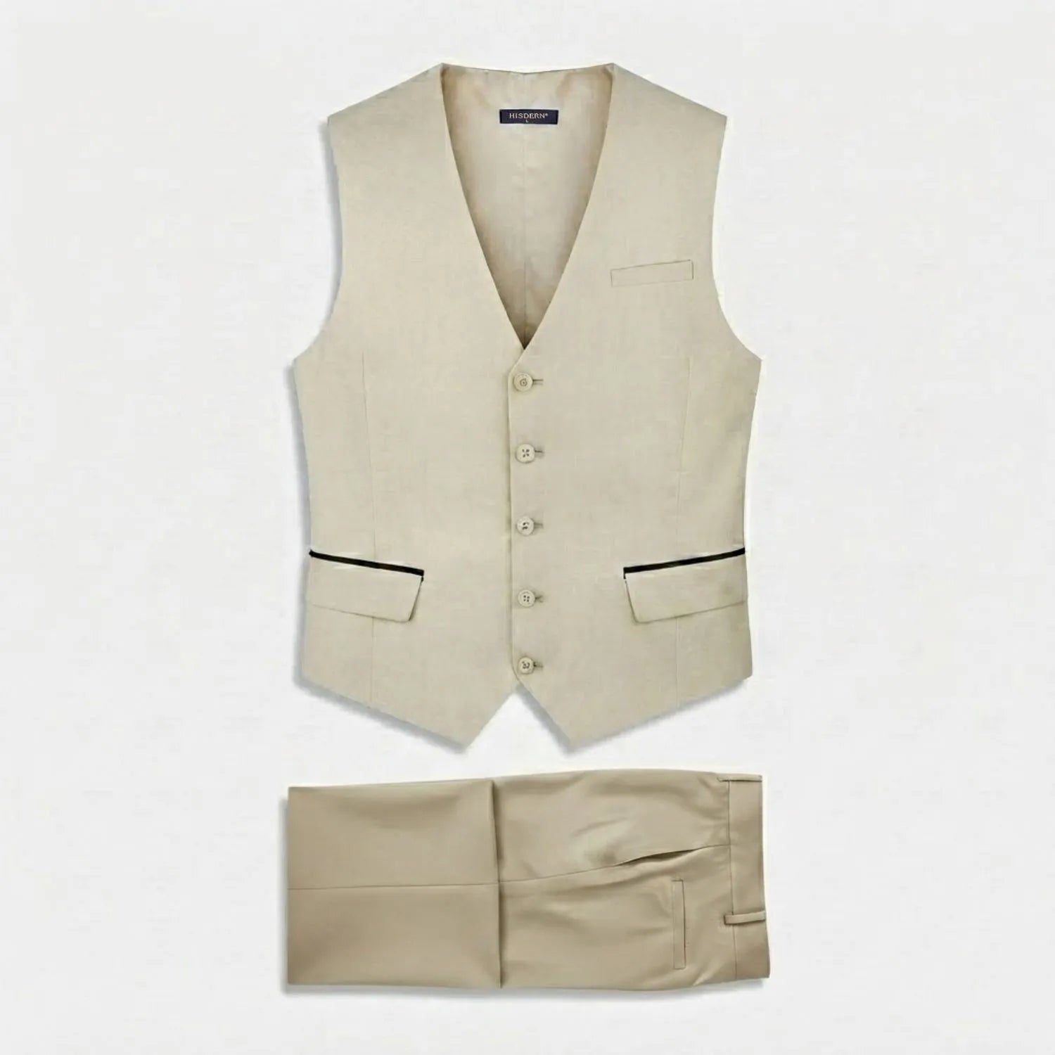 Hisdern Men's Light Khaki Vest and Stretch Dress Pants Set Formal Wear for Wedding