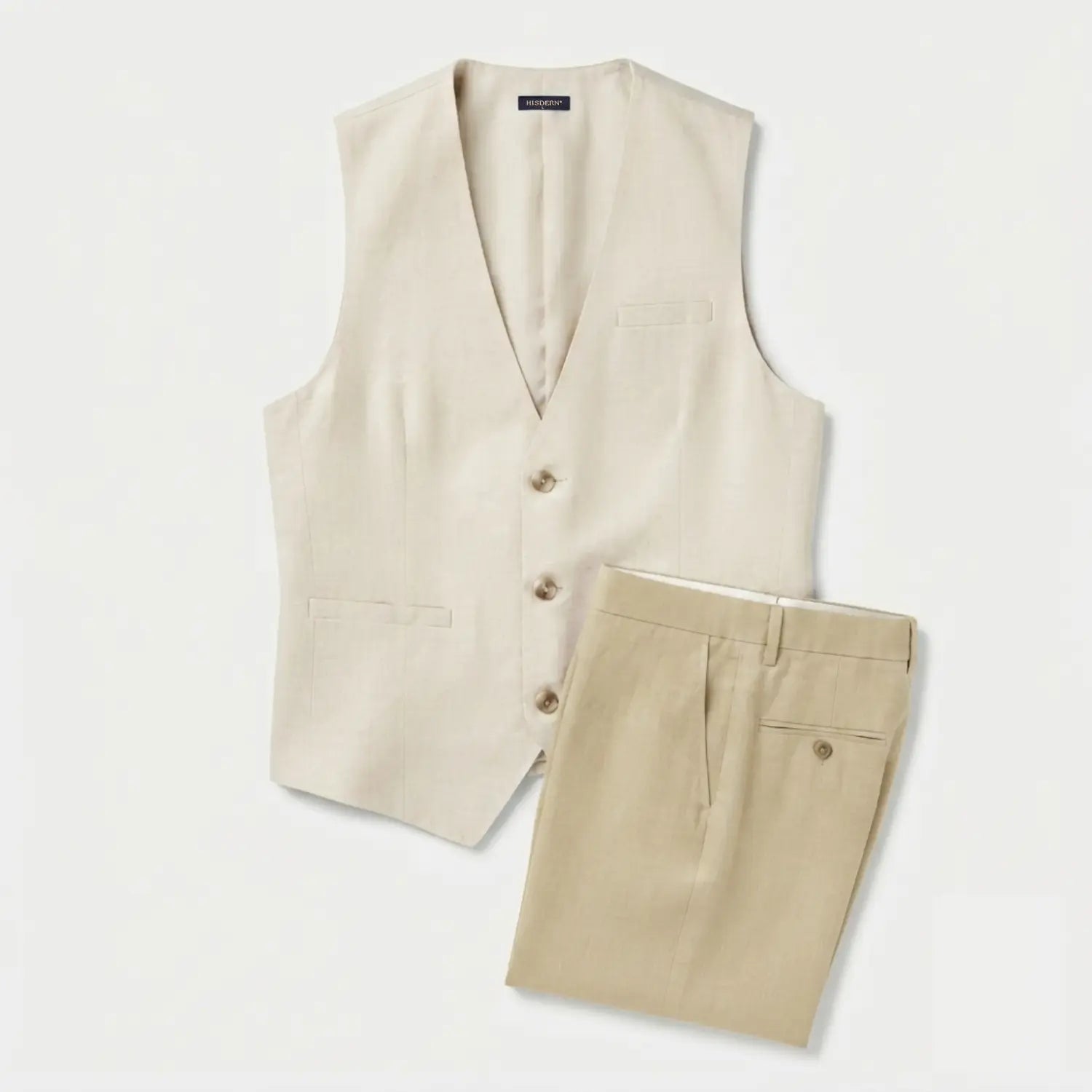 Hisdern Men's Cotton-Linen Champagne Vest & Khaki Pants Set