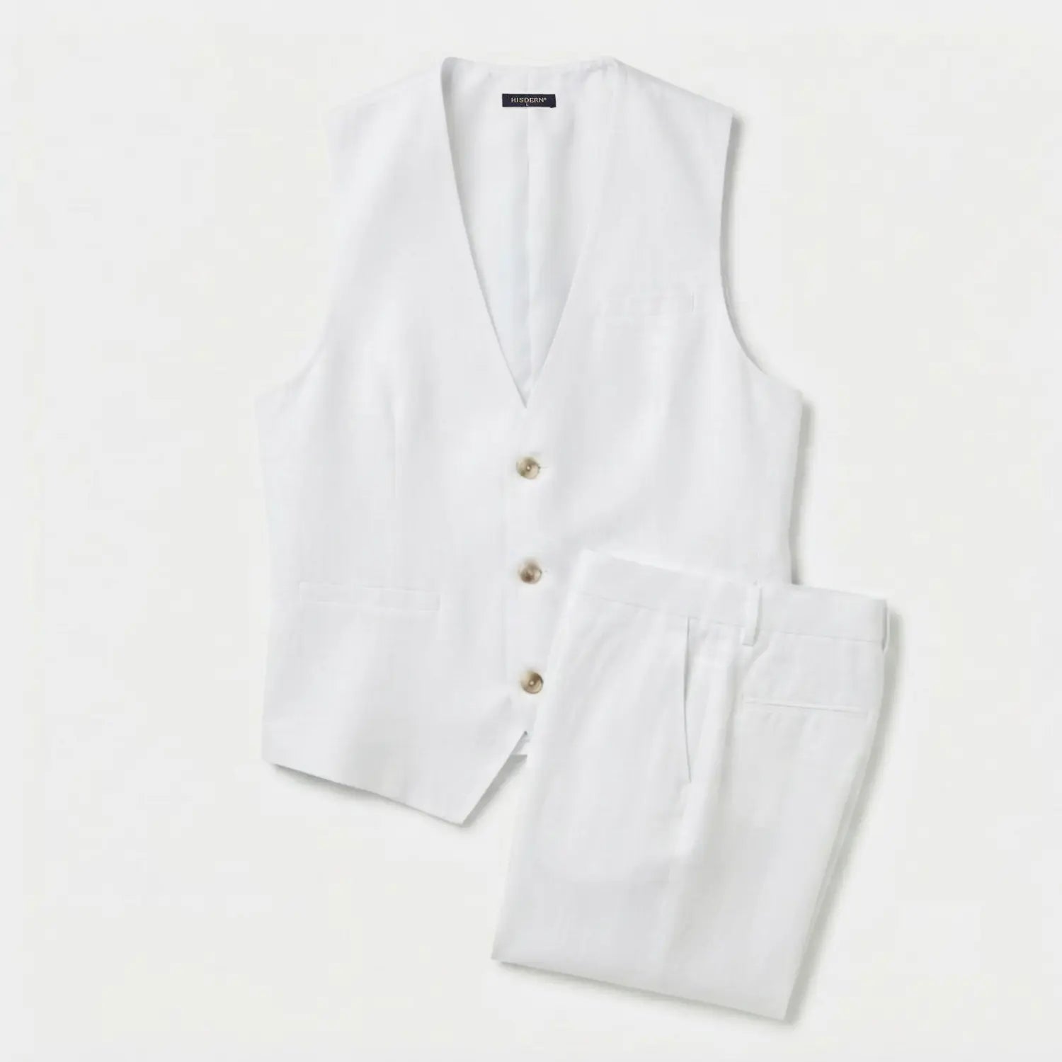 Hisdern Men's Cotton-Linen White Vest & Pants Set