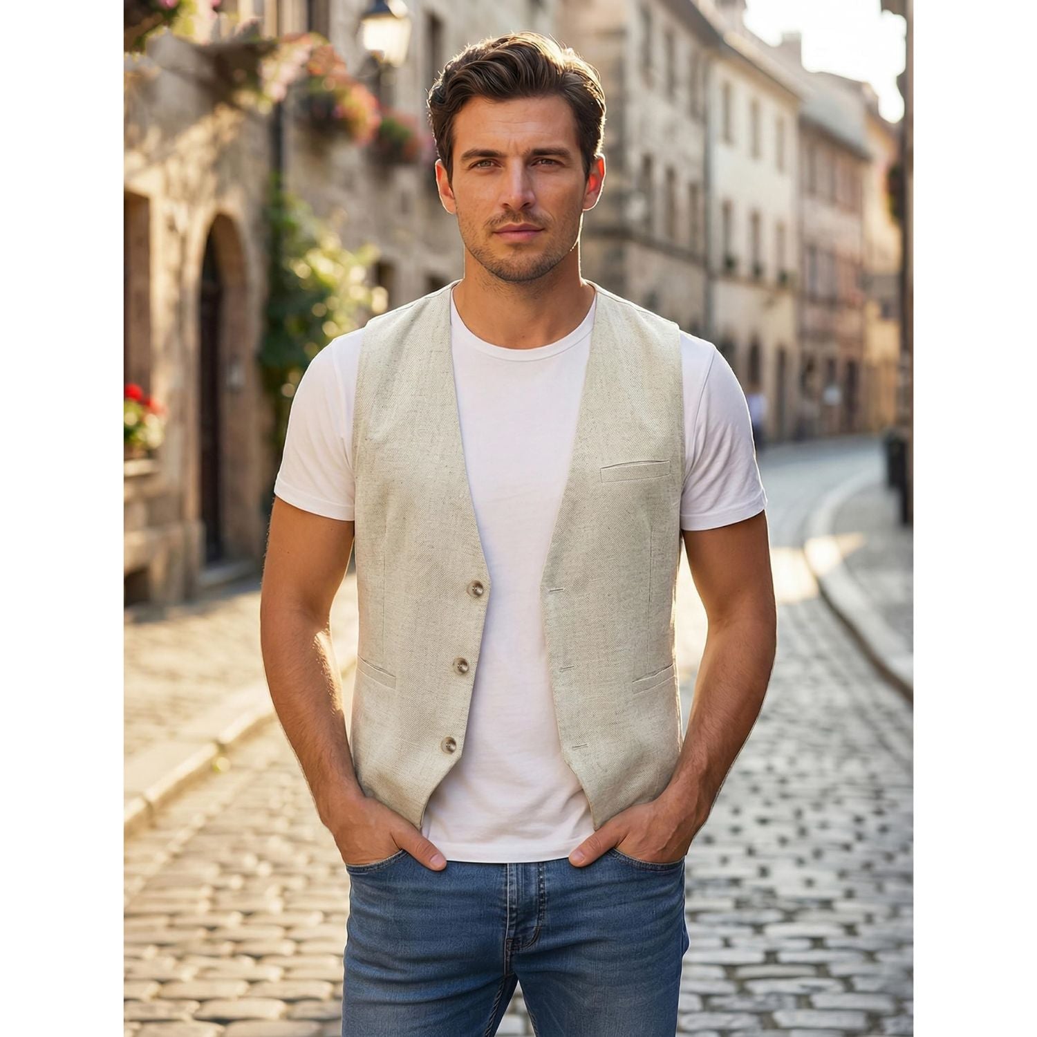 Hisdern Men's Beige Casual Linen Vest Lightweight Summer Waistcoat