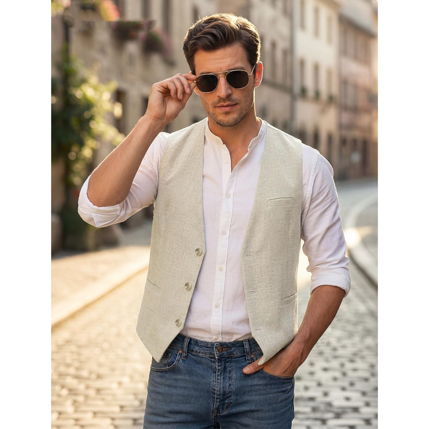 Hisdern Men's Beige Casual Linen Vest Lightweight Summer Waistcoat