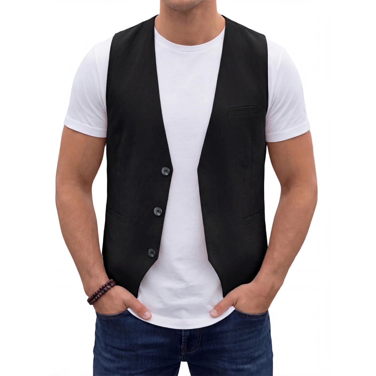 Hisdern Men's Black Casual Linen Vest Lightweight Summer Waistcoat