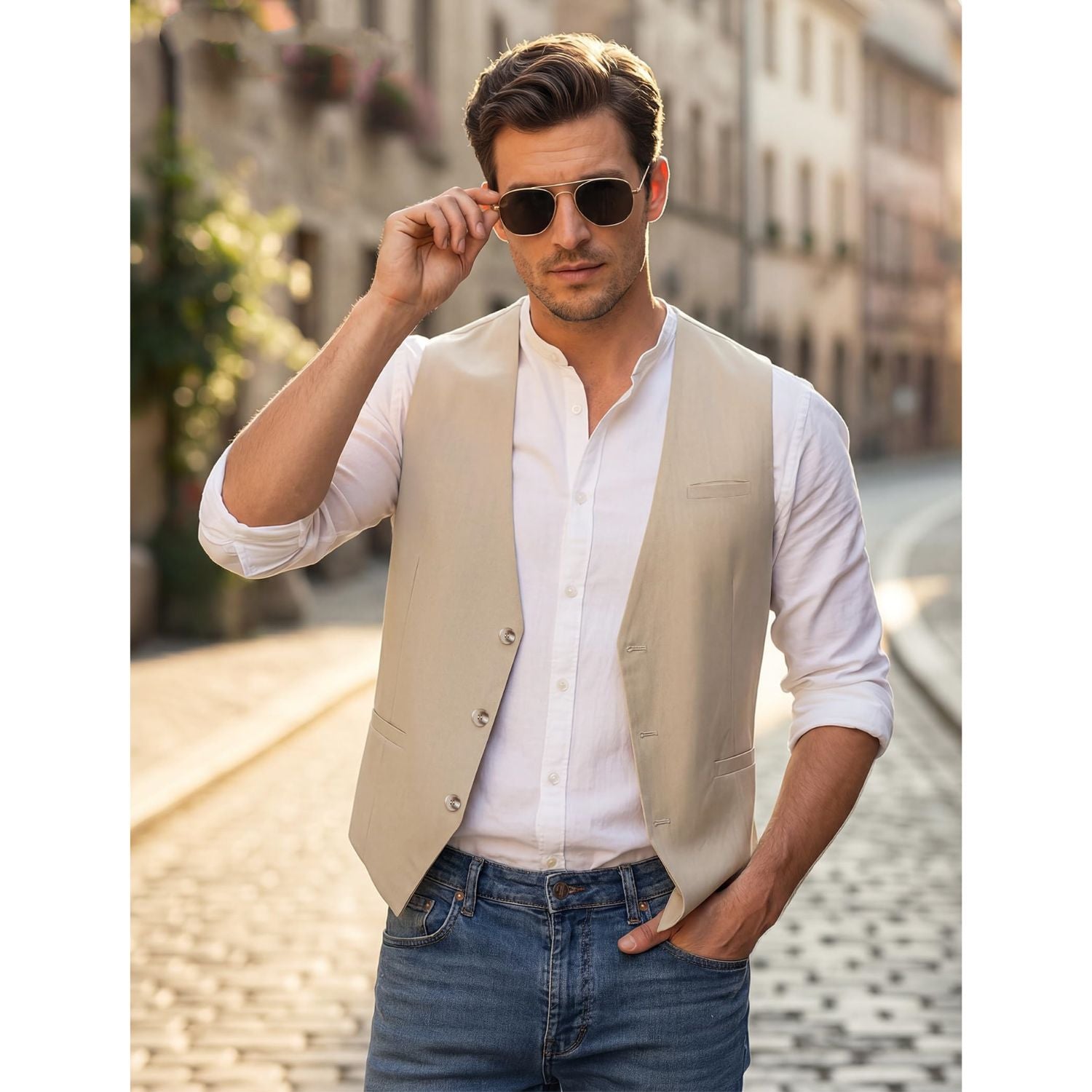 Hisdern Men's Champagne Casual Linen Vest Lightweight Summer Waistcoat