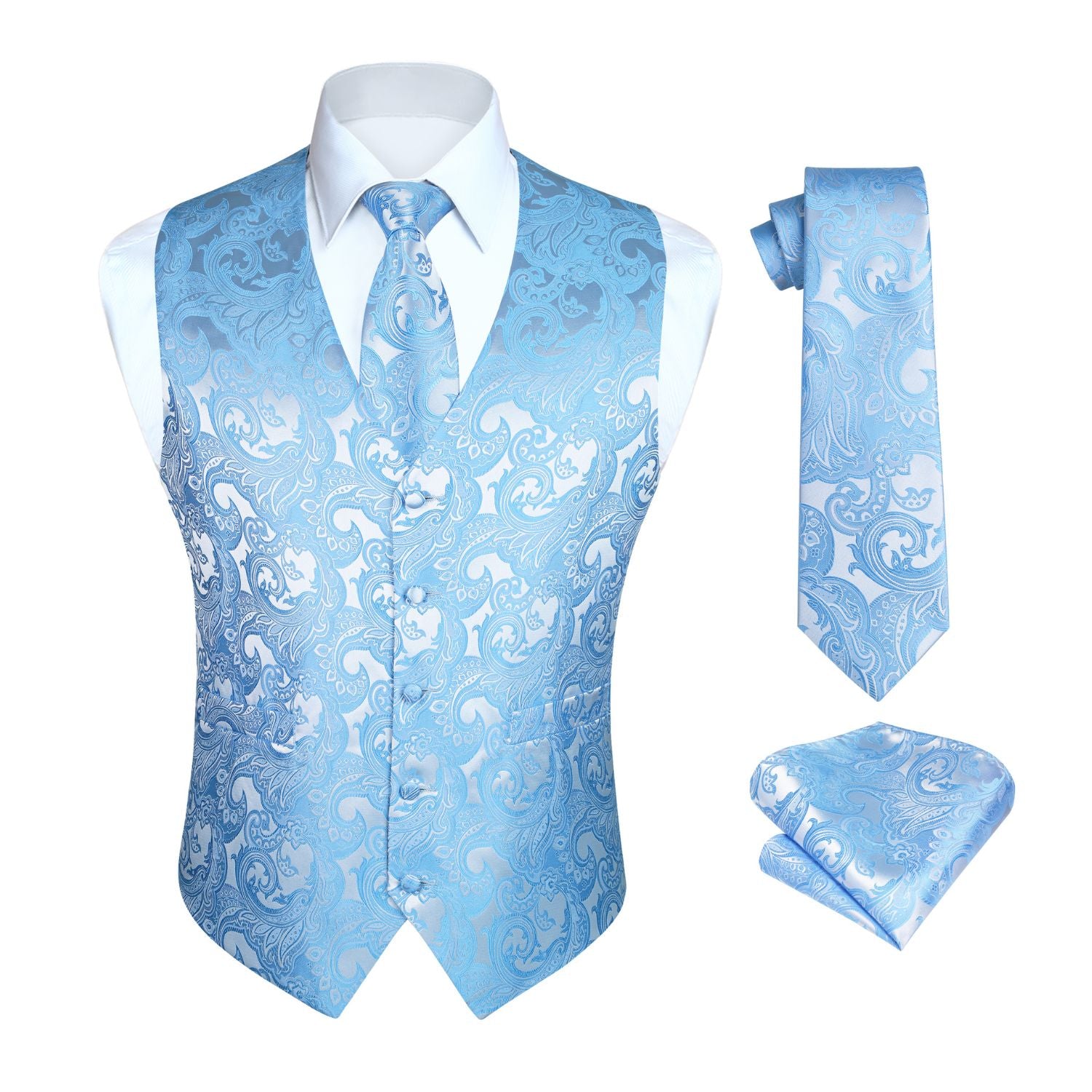 Hisdern Men's Light Blue Paisley Vest Tie Set For Weddings