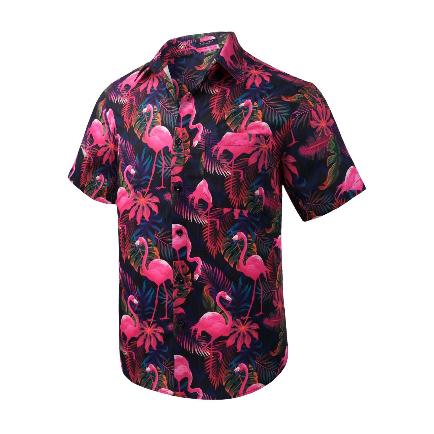 flamingo dress shirt Pink Flamingo Long Sleeve Men Button Up Shirt, Tropical Guys Male Print Buttoned Down Collared Graphic Casual Dress Plus Size Shirt