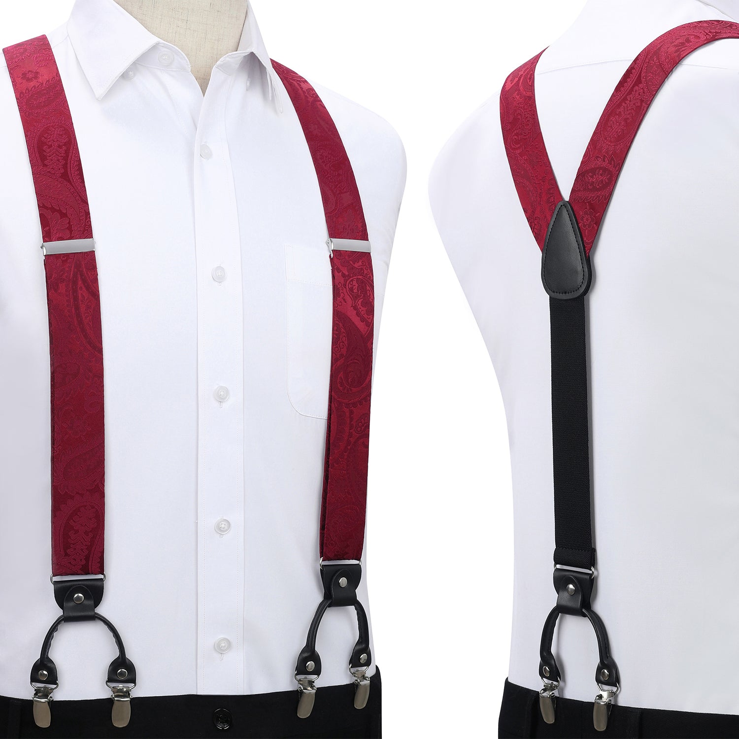 Paisley Floral Suspender Pre-Tied Bow Tie Handkerchief - C6-MAROON