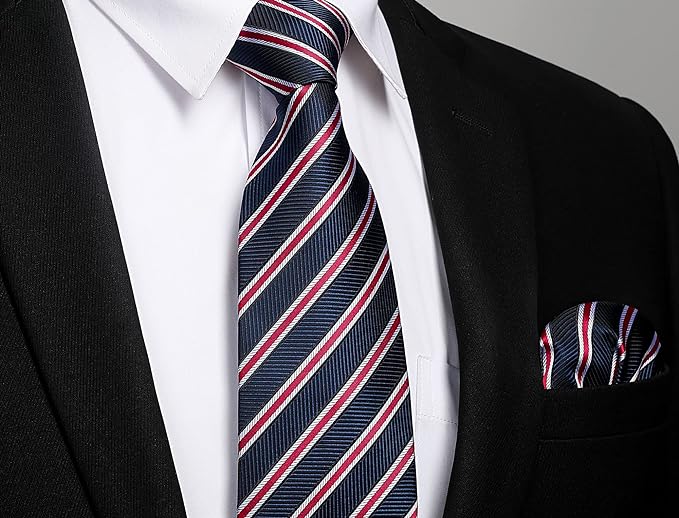 Stripe Tie Handkerchief Cufflinks - B03-NAVY BLUE/RED