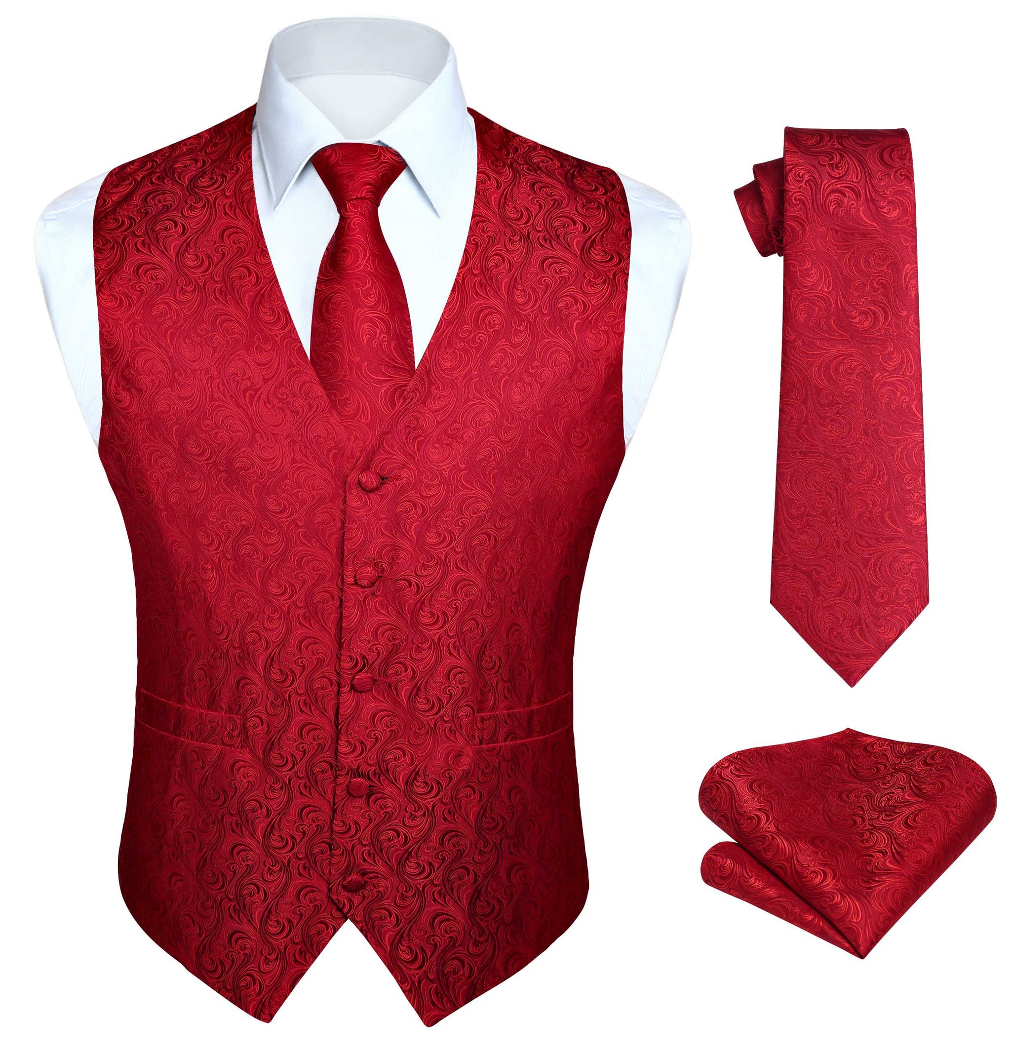 Hisdern Men's Red Paisley Vest Tie Set for Weddings Anniversary 4XL