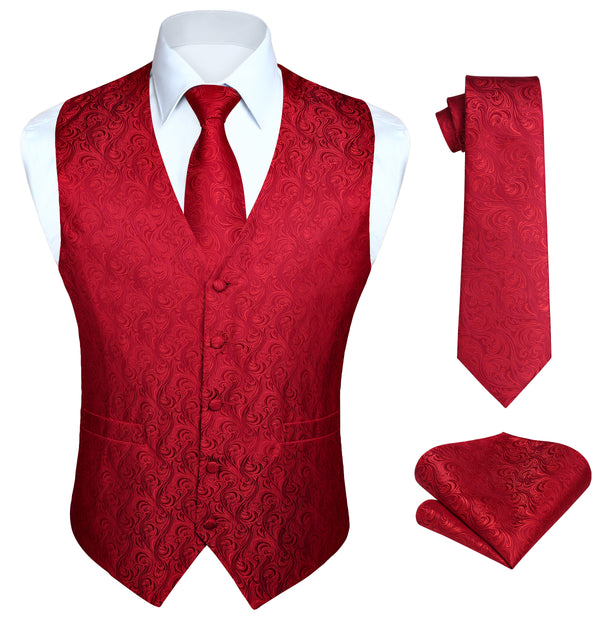 Paisley Floral 3pc Suit Vest Set - A-RED 2 