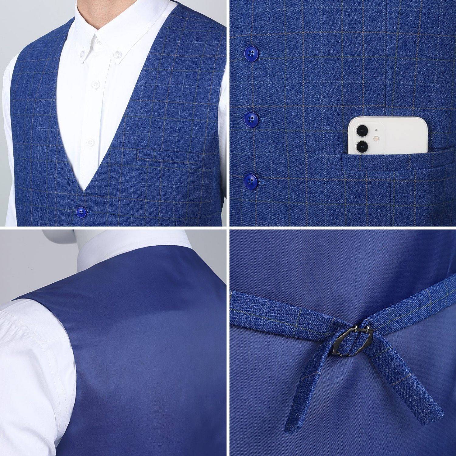 Plaid Slim Vest - A-ROYAL BLUE