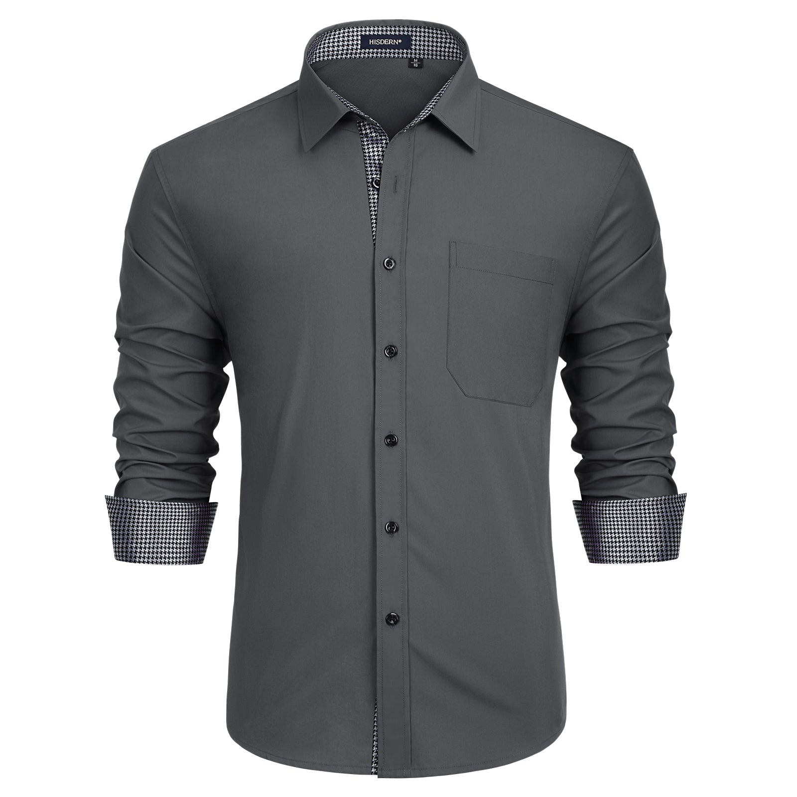 slim fit dress slacks Hisdern Men's Grey Splicing Dress Shirt for Office Wear L
